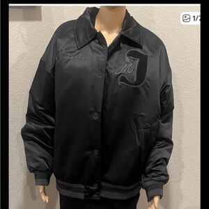 NWT Jordan Black Satin Varsity Jacket with Embroidered Letter